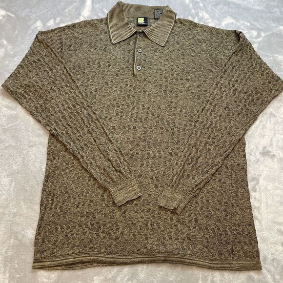 Saxony Polo Sweater Mens L Marled Gray Brown 100% Silk 4 Golf Textured Active